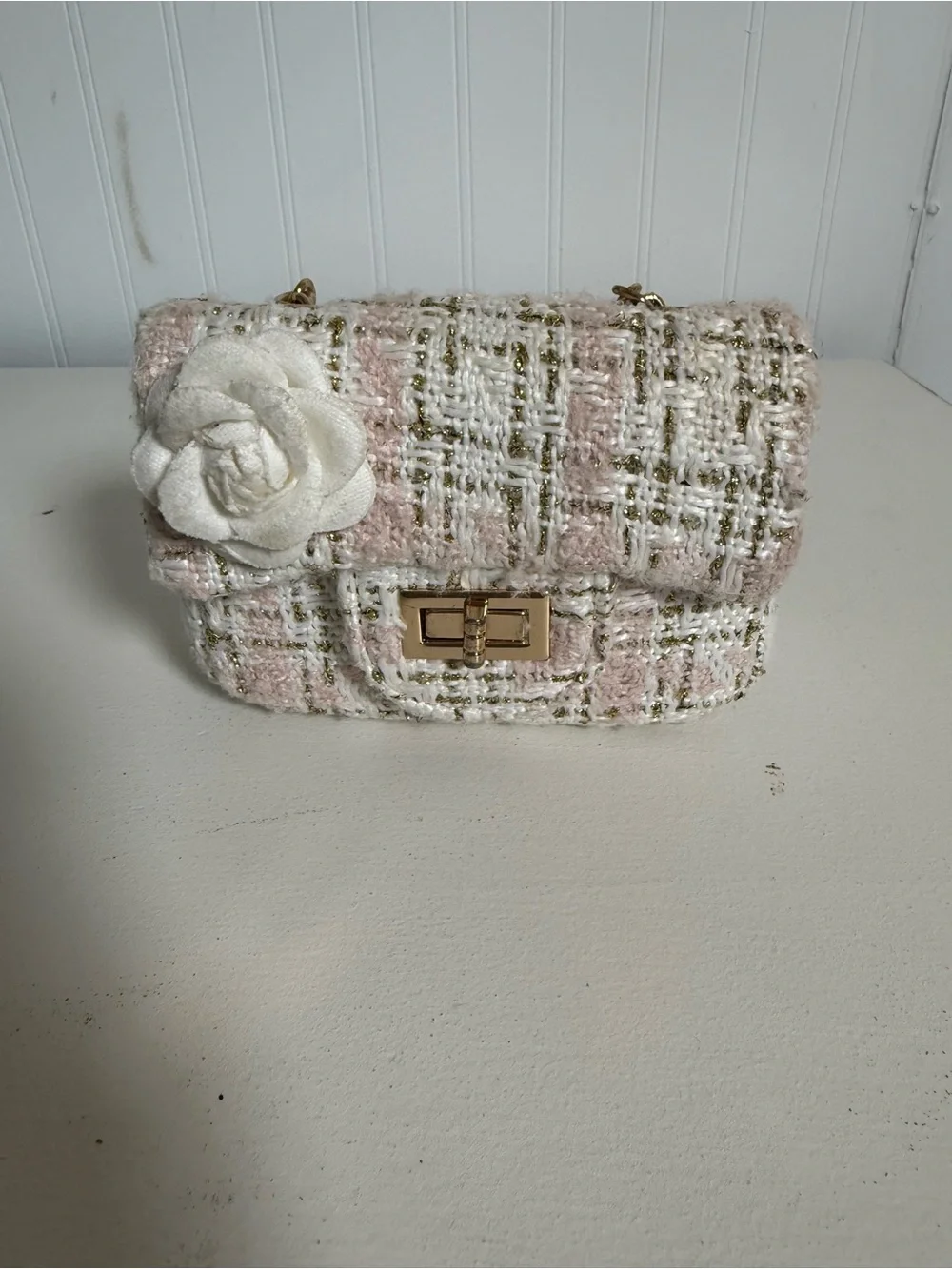 Pink Tweed Mini Crossbody Bag Gold Chain Camellia Flower Turn Lock Purse